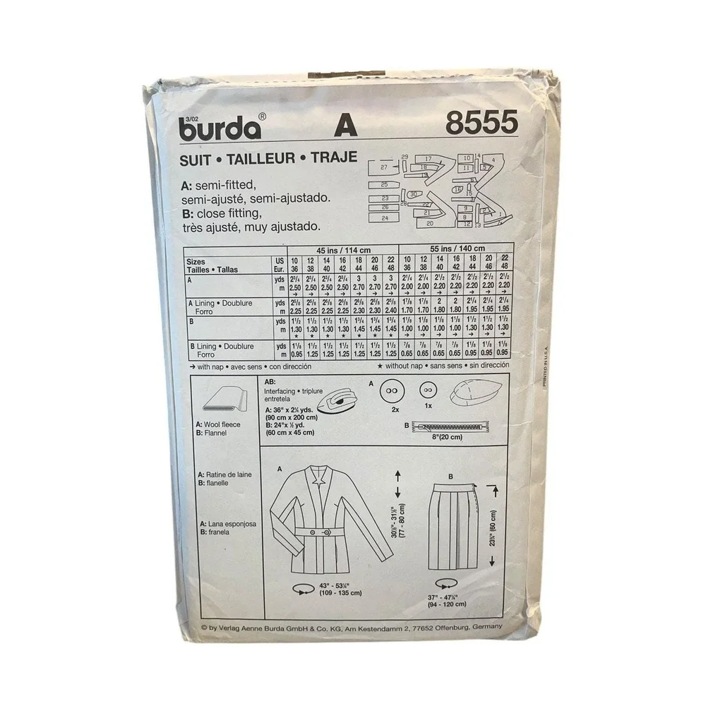 Burda 8555 Women's Suit Jacket Skirt Sewing Pattern Plus Size 10-22